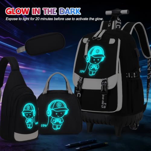 Bevalsa Rolling Backpack for Boys, Roller Backpack with Wheels, Wheeled School Bag with Sling Bag, Lunch Box & Pen Case for Kids Children Teens Elementary Middle Student Glow In The Dark - color: Black