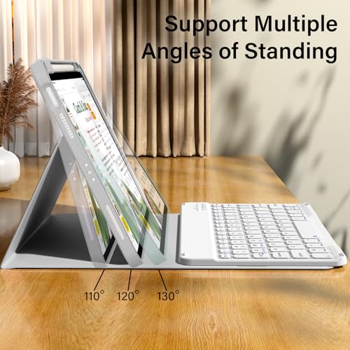 kenke for iPad 11/10th Gen Case with Keyboard 11/10.9 inch 2025 A16/2022, Detachable Wireless Bluetooth Keyboard Case with Bulit-in Pencil Holder, White Square Keycaps (Gray - color: Gray