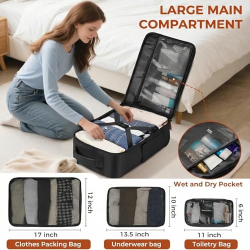 Vancropak Travel Backpack with Wheels, Rolling Backpack Fits 17.3" Laptop | Flight Approved Wheeled Luggage, Expandable Business Travel Suitcase, Womens Work Backpack, 3 Packing Cubes, Water Resistant - color: Black Brown