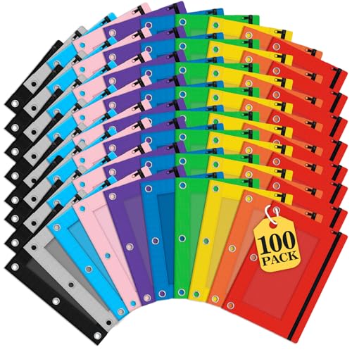 Pencil Pouch for 3 Ring Binder, 100 Pack Bulk Zipper Pencil Cases with Clear Window, 10 Assorted Color Cloth Binder Pouches with 3 Holes, Durable Pencil Bags for Classroom School Office Supplies