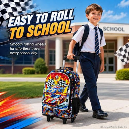 HPJGD 3PCS Car Rolling Bookbag for Boys, Kids School Backpack with Wheels, Water Resistant UV Printed Roller Wheeled Bookbag Set with Lunch Box - color: 3PCS Boys Rolling Backpack
