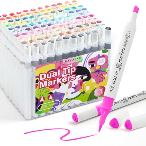 SAVZJSD [Water-Based Ink] 120 Colors Dual Tip Markers Set, Brush & Chisel Double Tipped Art Markers for Artists Adults Beginners & Artists in Coloring, Painting - color: 120 Colors