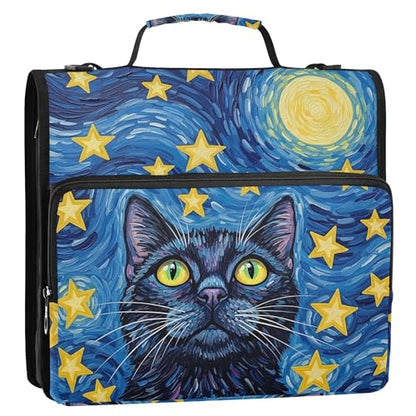 Starry Night Cat Zipper Binder with Shoulder Strap, 500 Sheets Capacity, Multiple Pockets 1.5Inch 3 Ring Zipper Binder - color: Starry Night Cat