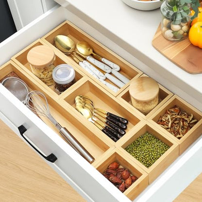 MapleGrace Bamboo Drawer Organizer Set, 9 PCS Wood Storage Organizers | Multi-Use Junk Drawer Divider, Storage Trays Containers for Kitchen, Bathroom, Office Desk, Makeup, Jewelry, Utensils - size: 9