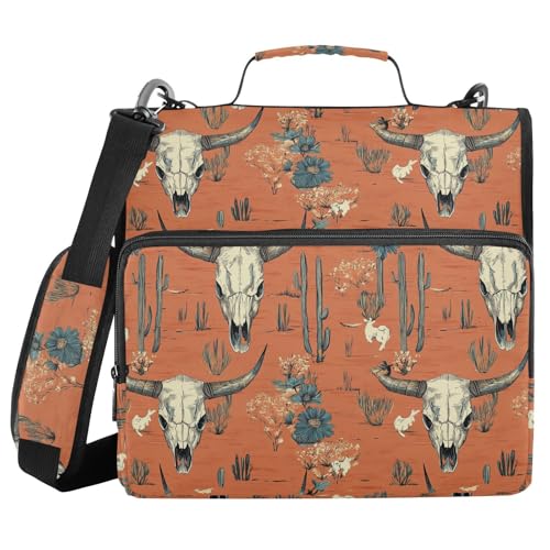 Western Desert Boho Cow Skulls Zipper Binder with Shoulder Strap Trapper Keeper 3 Ring Binder Organizer Large Capacity Multiple Compartments for School Office - color: Western Desert Boho
