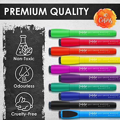Loddie Doddie Magnetic Dry Erase Markers, Whiteboard Marker Set, 10 Pack | Stay Put Magnetic Design, Eraser Caps, Low Odor, Wipes Clean, 10 Colors, Erasable Pen Magnetic Whiteboard Markers