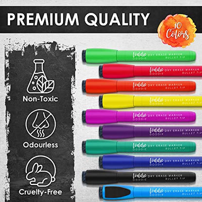 Loddie Doddie Magnetic Dry Erase Markers, Whiteboard Marker Set, 10 Pack | Stay Put Magnetic Design, Eraser Caps, Low Odor, Wipes Clean, 10 Colors, Erasable Pen Magnetic Whiteboard Markers