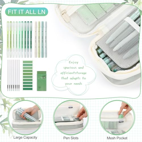 Eersida 74 Pcs Aesthetic School Supplies with Large Pencil Pouch 5 Ink Gel Pens 12 Highlighters 6 Mechanical Pencils 0.5mm 9 Color Pens 4 Note Pads Set for Student Stationary (Green,Nature Style) - color: Green, style: Nature Style