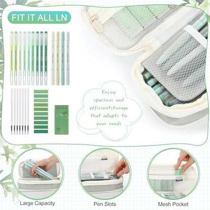 Eersida 74 Pcs Aesthetic School Supplies with Large Pencil Pouch 5 Ink Gel Pens 12 Highlighters 6 Mechanical Pencils 0.5mm 9 Color Pens 4 Note Pads Set for Student Stationary (Green,Nature Style) - color: Green, style: Nature Style