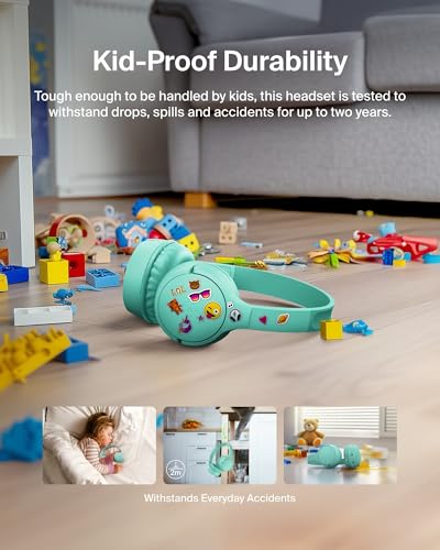 Belkin SoundForm Mini - Wireless Bluetooth Kids Headphones, 30H Battery, 85dB Safe Volume Limit, Built-in Microphone - Toddler On-Ear Earphones for iPhone, iPad, Fire Tablet, Ideal for School - Mint - color: Mint, style: Wireless (USB-C)