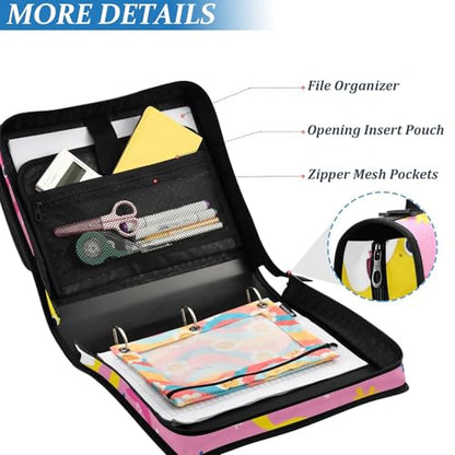 3 Ring Zipper Binder with Shoulder Strap Shark Cartoon Pink 2 Inch Zippered Binder Bag 500 Sheet Capacity Multi Pockets for School Supplies - color: Multi20