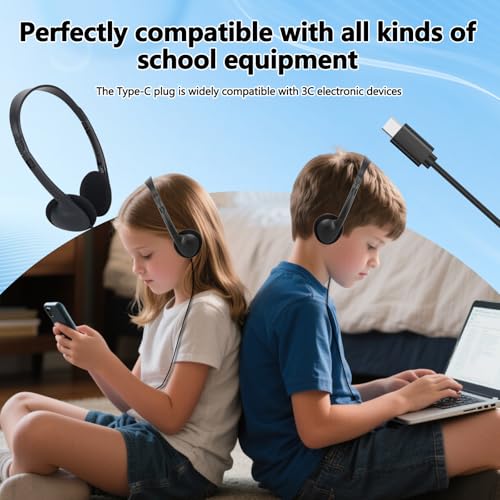 USB C Kids Headphones Bulk 25 Pack for School Classroom,Wired | On-Ear USB Type C Headphones for Boys Girls Students Tablet Travel Computer Smartphones Testing (Black)