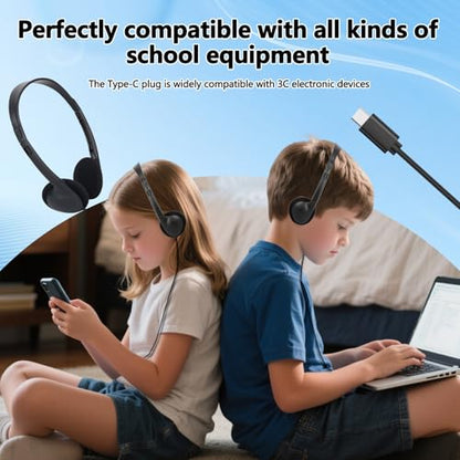 USB C Kids Headphones Bulk 25 Pack for School Classroom,Wired | On-Ear USB Type C Headphones for Boys Girls Students Tablet Travel Computer Smartphones Testing (Black)