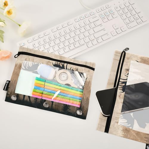 Moose Brown Pencil Pouch for 3 Ring Binder Pencils Bag Pencil Case with Zipper Clear Window for School Office 2 Packs - color: Moose Brown Wood