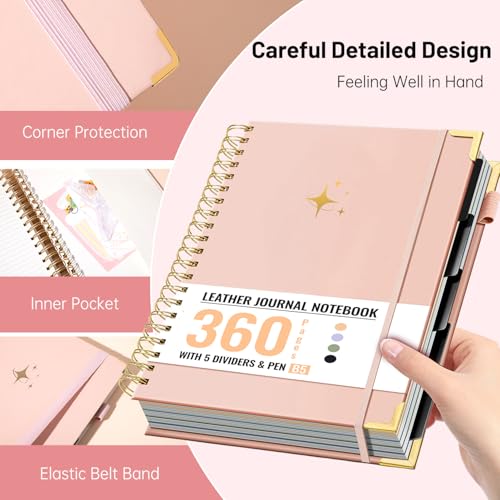 FLYING EAGLE Leather Spiral Notebooks for Work 5 Subject Notebook College Ruled with Dividers Pen, 360 Pages B5 Hardcover Lined Journals for Women Men Writing,Pink - color: C.pink