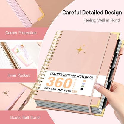 FLYING EAGLE Leather Spiral Notebooks for Work 5 Subject Notebook College Ruled with Dividers Pen, 360 Pages B5 Hardcover Lined Journals for Women Men Writing,Pink - color: C.pink