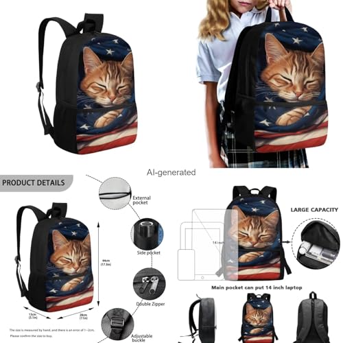 American Flag Cat Backpack for Girls Boys Backpack with Lunch Box Water Bottle Holder and Soft Pencil Pouch 4PCS Set Cute Bookbag with Front Pocket for School 17 inch Large School Bag for Kids - color: American Flag Cat