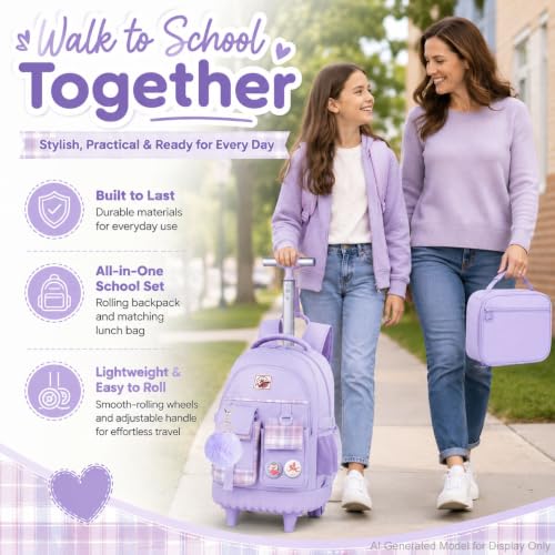 AGSDON Rolling Backpack for Girls, 21" Women Roller Wheels Bookbag, Laptop Wheeled Suitcase School Backpacks with Lunch Bag for Teens - color: Square Purple