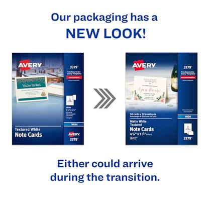 Avery Printable Note Cards, Envelopes Included, 4.25" x 5.5", Textured White, Laser & Inkjet Compatible, 50 Blank Cards, Great for Product Branding, Marketing, and More (3379), (Pack of 6) - size: 4.25" x 5.5" (Pack of 6)