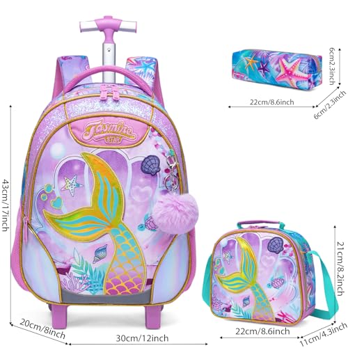 Kids Rolling Backpack for Girls Mermaid Trolley Suitcases Luggage with Wheels Bookbag Wheeled 3pcs on Lunch Box Pencil Case Elementary Teenagers Pink for Girls Age 5-12 - color: Pink-0130-meirenyu