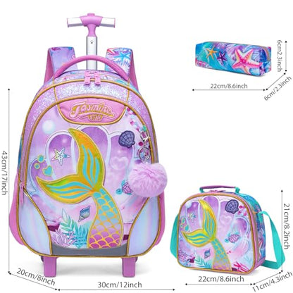 Kids Rolling Backpack for Girls Mermaid Trolley Suitcases Luggage with Wheels Bookbag Wheeled 3pcs on Lunch Box Pencil Case Elementary Teenagers Pink for Girls Age 5-12 - color: Pink-0130-meirenyu