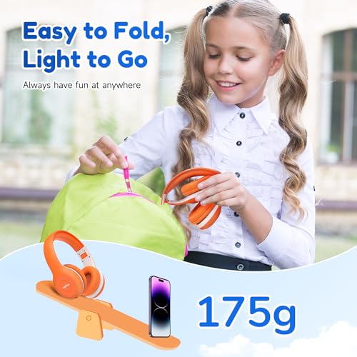 EarFun K2 Kids Bluetooth Headphones, Kids Headphones with Volume Limited, 40H Playtime, Built-in Mic, Stereo Sound, Foldable Over-Ear Headphone for School/Travel/iPad/Tablet, Orange - color: Orange