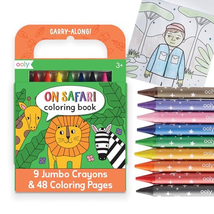 Ooly Kids Travel Activity Kit – 9 Jumbo Crayons & 48 Coloring Pages, Car Crafts for Kids, Mess-Free Road Trip Art Set, Airplane Activities – Safari - color: Safari