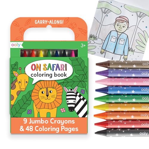 Ooly Kids Travel Activity Kit – 9 Jumbo Crayons & 48 Coloring Pages, Car Crafts for Kids, Mess-Free Road Trip Art Set, Airplane Activities – Safari - color: Safari
