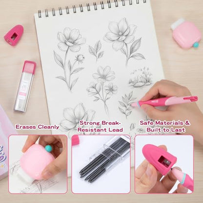 Ergonomic Pencil Set, 2.0mm HB Mechanical Pencils for Kids, School Supplies Include Sharpener, Eraser & 6 Extra Leads – Handwriting Aid for Preschool, Kindergarten, Homes, Pink, L - color: Pink