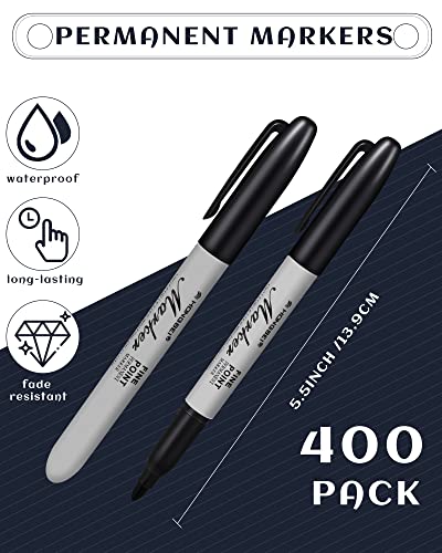 Thenshop 400 Pack Black Permanent Markers Bulk - Fine Point Permanent Marker Quick Drying Waterproof Pens for Doodling Writing Marking Classroom Work on Wood Metal Stone Glass, Office School Supplies