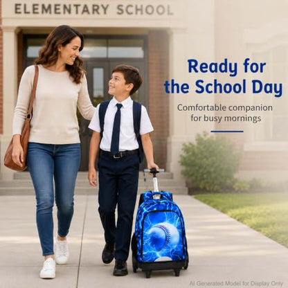 UFNDC Big Wheel Boys Rolling Backpack, Water-Resistant Wheeled School Bag with Lunch Box & Pencil Case, 3-Pack Kids Roller Bookbag Travel Set - Lightning Baseball - color: Rolling Backpack Lightning Baseball Blue
