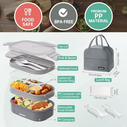 2 Layers Bento Box, All-in-One Stackable Lunch Container with Compartments, 64oz Leakproof Microwave Safe Dishwasher Safe Bento Box with Lunch Bag and Utensil Set for Kids and Adults - color: Gray