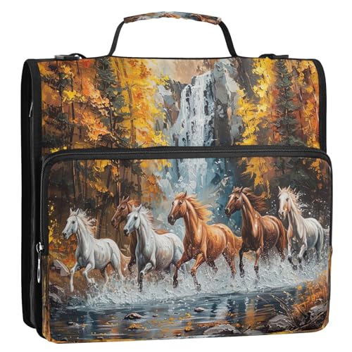 YETTASBIN Horse 3-Ring Zipper Binder with Shoulder Strap & Handle - 1.5" Binder Organizer Water-Resistant Expandable File Folder with Multi Pocket for School & Office Supplies