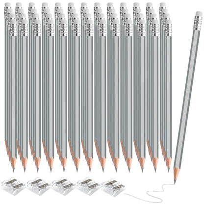 60 PCS Silver Pencils Bulk with Eraser, Pre-Sharpened HB Pencils for Writing & Drawing, School Supplies for Kids Homework, Tests, Art Crafts & Teacher Grading (Silver) - color: silver