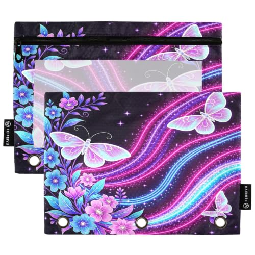 Gredecor 3 Ring Binder Pencil Pouch, Neon Butterflies and Flowers Zippered Pen Case Pouches with Clear Window, 2 Pack Stylish Office & School Supplie - color: Neon Butterflies and Flowers