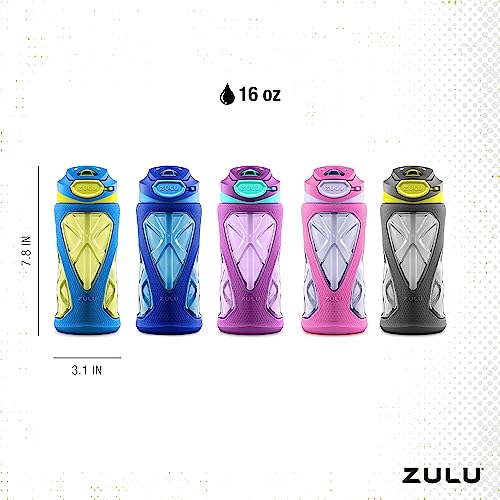ZULU Torque 16oz Plastic Kids Water Bottle with Silicone Sleeve and Leak-Proof Locking Flip Lid, Soft Touch Carry Loop for School Backpack, Lunchbox, BPA-Free Dishwasher Safe - color: Pink, style: 2 Packs