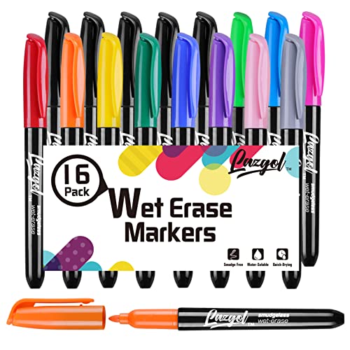 LAZGOL Wet Erase Markers, Bulk Pack of 16 (12 Colors) Fine Tip Overhead Transparency Smudge Free Markers for Dry Erase Whiteboard, Refrigerator Calendars, Glass and Films, Erase with Water - style: 16 Count(12 Colors)