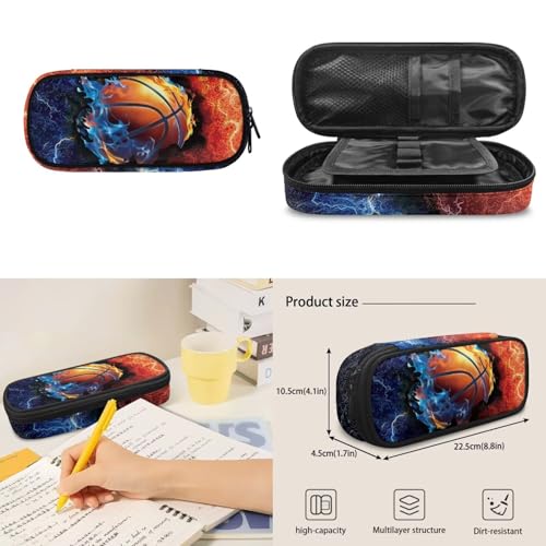 Flaming Basketball Print Backpack Set, 4 PCS Daily School Bag with Lunch Box, Pencil Case and Water Bottle Cover, for Elementary Students Ages 9-12 Outdoor Travel - color: Flaming Basketball Print