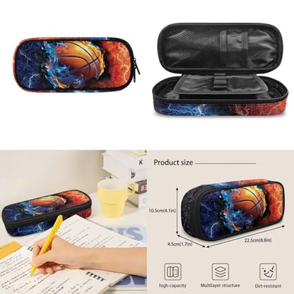 Flaming Basketball Print Backpack Set, 4 PCS Daily School Bag with Lunch Box, Pencil Case and Water Bottle Cover, for Elementary Students Ages 9-12 Outdoor Travel - color: Flaming Basketball Print