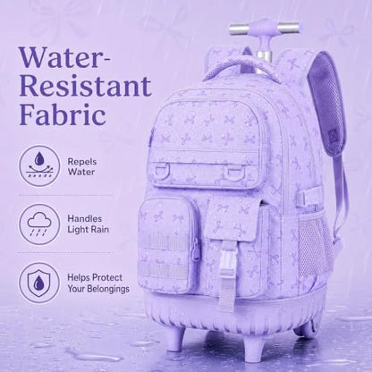 CCJPX Rolling Backpack for Girls, 3Pcs Roller Wheeled School Bookbag, Bow Wheels Backpacks with Lunch Box for Kids (Purple) - color: Bow Purple