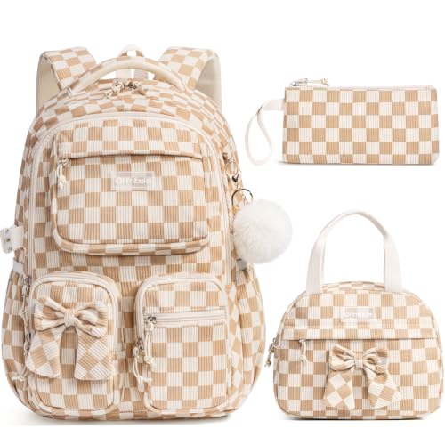 Fimibuke 3PCS Corduroy Backpack for School Girls with Lunch Box Pencil Case | Lightweight Teen Girls Bow backpack, Kids School Bag Bookbag for Elementary Middle High School Supplies Laptop Travel Daypack - color: Beige Checkered