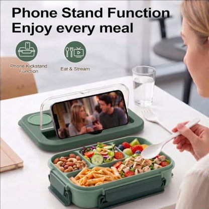Bento Box Adult Lunch Box, Lunch Containers for Adults 44.5 Oz/5 Cup, Green | BPA-Free, Lid-Top Sauce Tray, Leak-Proof, 1300mL, Removable Silicone Sealing Ring, Lid-Top Utensil Slot with Included Cutlery - color: Green