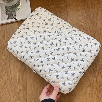 14 inch Maple Leaf Soft Pad Tablet Bag Embroidery Puffy Protective Case Shockproof Cute Quilted Laptop Sleeve Commute Work Study Bag - color: Blue Leaf