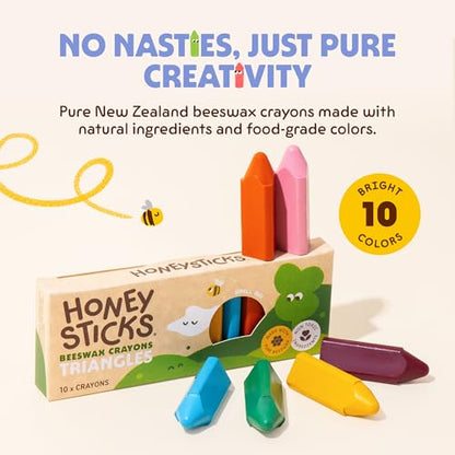 Honeysticks Triangular Crayons (10 Pack) - 100% Pure Beeswax, Food Grade Colors, Non Toxic Crayons for Baby, Toddlers ages 1-3, 2-4, Easy Grip Triangle Shape, Durable, Sustainably Made in New Zealand