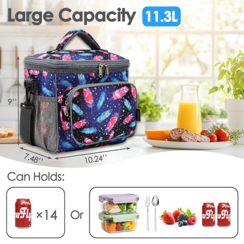 FlowFly Insulated Reusable Lunch Bag Adult Large Lunch Box for Women and Men with Adjustable Shoulder Strap,Front Zipper Pocket and Dual Large Mesh Side Pockets,Feather - color: Feather