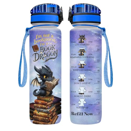 34HD Book Dragon Water Bottle with Time Marker, I'm Not a Bookworm I'm a Book Dragon Drink Tracker, Reader Birthday Gift for Women Book Lover - color: Black dragon