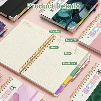 Hardcover Spiral Journal Notebook, 300 Pages 5 Subject Notebook College Ruled with Removable Dividers Tabs, 8" x 10" Notebooks for Work, Spiral Ruled Lined Writing Journal Hardcover Leather Notebook for School (Matcha Green, 8''x 10'') - color: Matcha Gre