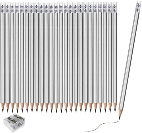 Adhere 25pcs Woodcase Pencils with Eraser Premium Pre-Sharpened Hexagon Graphite 2B pencils ideal for home, office writing including a Free Sharpener (Silver・25pcs) - color: Silver・25pcs