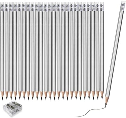 Adhere 25pcs Woodcase Pencils with Eraser Premium Pre-Sharpened Hexagon Graphite 2B pencils ideal for home, office writing including a Free Sharpener (Silver・25pcs) - color: Silver・25pcs