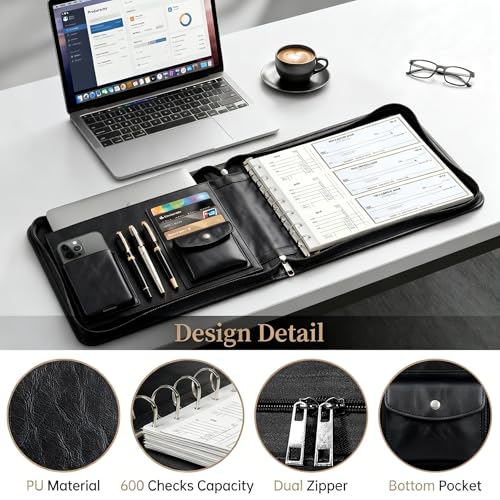 Toplive Zippered 7 Ring Business Checkbook Binder Extra-Large, 2Pack 7-Hole Pouch, 600 Checks Capacity, PU Leather Check Book Binder Cover with Multi-Pocket Design for Office & Business Use, Black